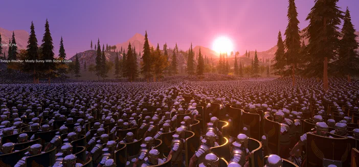 Capture d'écran du jeu Ultimate Epic Battle Simulator montrant une armée de soldats romains en formation dans un paysage montagneux au coucher du soleil.