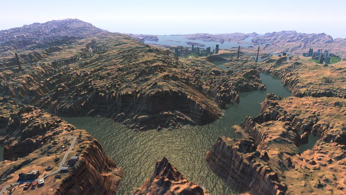 Capture d'écran du jeu Cities XL Platinum montrant une ville futuriste construite sur des collines arides avec un lac et des ponts.