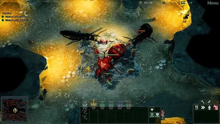 Capture d'écran du jeu vidéo Empires of the Undergrowth montrant une scène de combat entre des insectes géants dans un environnement souterrain.