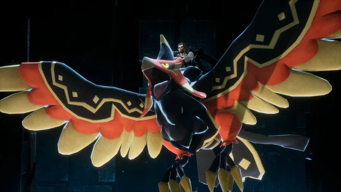 Dans Palworld, un personnage chevauche une créature ailée noire et rouge aux motifs géométriques dorés.