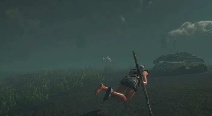 Dans le jeu vidéo Survisland, un personnage nuageux tient une branche et flotte au-dessus d'un paysage verdoyant sous un ciel sombre.