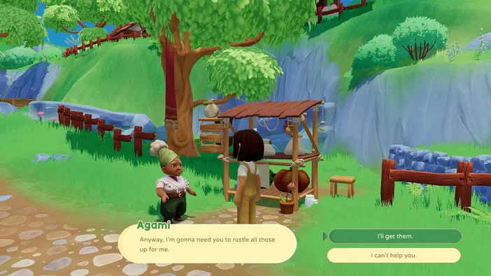 Capture d'écran du jeu Paleo Pines montrant un personnage nommé Agami demandant à l'avatar de récupérer des objets dans une zone verdoyante avec dialogue et options.