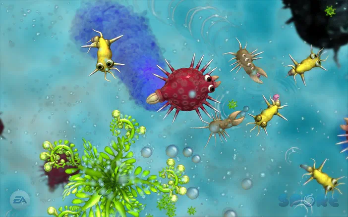 Capture d'écran du jeu vidéo Spore montrant des créatures colorées et stylisées évoluant dans un environnement aquatique avec de la végétation.