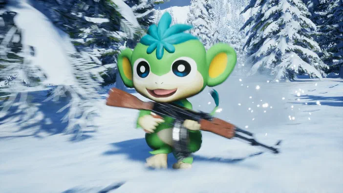 Dans le jeu Palworld, un petit personnage vert ressemblant à un singe avec une crête bleue tient un fusil automatique en courant dans une forêt enneigée.