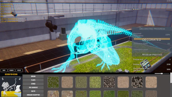 Capture d'écran du jeu Dinosaur Fossil Hunter montrant un squelette de dinosaure en bleu dans une salle muséale avec des menus de décoration.