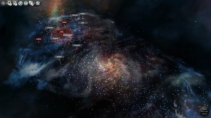 Capture d'écran du jeu vidéo ENDLESS Space™ - Definitive Edition montrant une carte spatiale avec des nébuleuses et des constellations nommées.