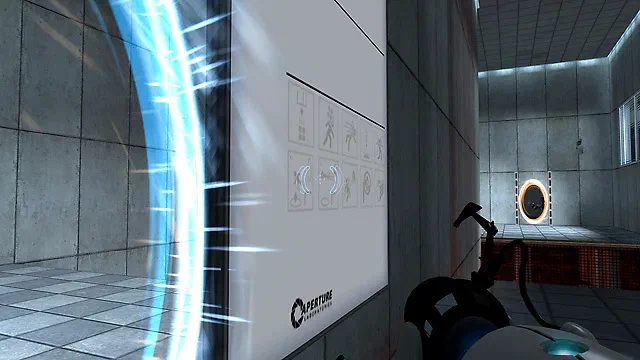Capture d'écran du jeu Portal montrant une chambre avec un portail bleu et le logo Aperture Laboratories sur la paroi.