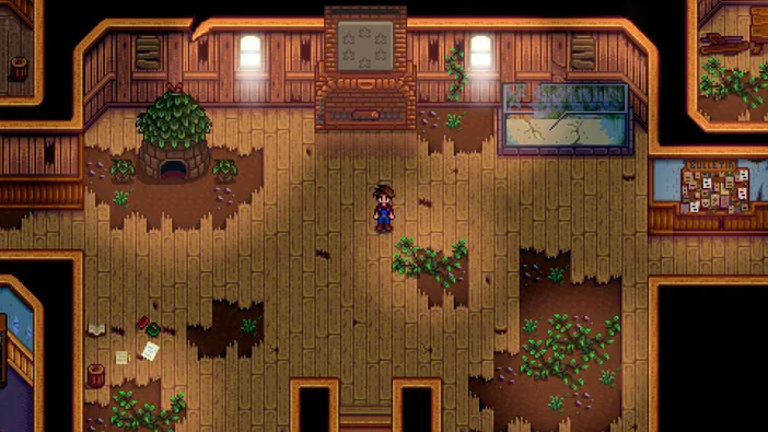 Dans Stardew Valley, le joueur se tient au centre d'une salle en bois avec des plantes et un panneau de bulletin.