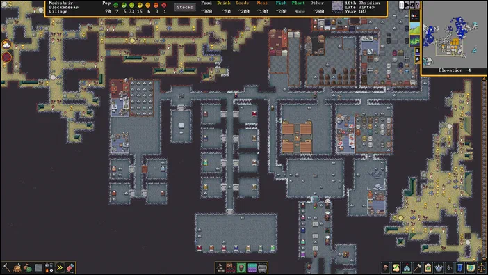 Capture d'écran du jeu de stratégie Dwarf Fortress montrant une vue en haut des nains et leurs constructions dans un donjon.