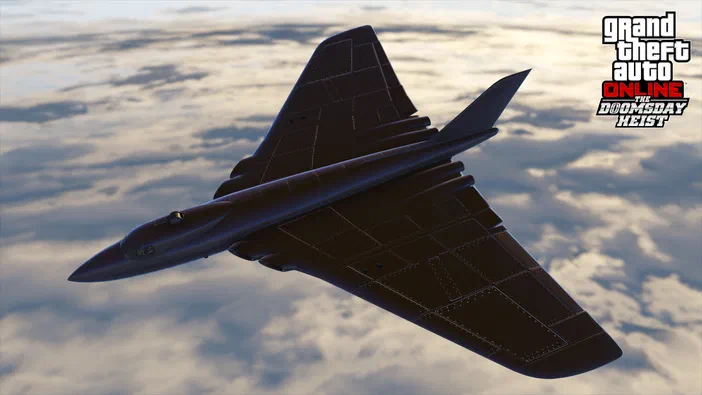 Un avion de combat sombre survole des nuages dans Grand Theft Auto V Legacy