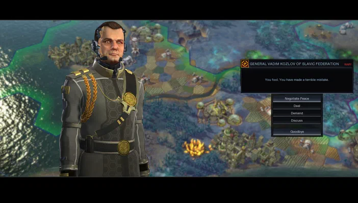 Capture d'écran du jeu Sid Meier's Civilization: Beyond Earth montrant un personnage en uniforme militaire devant une carte stratégique avec des options de dialogue.