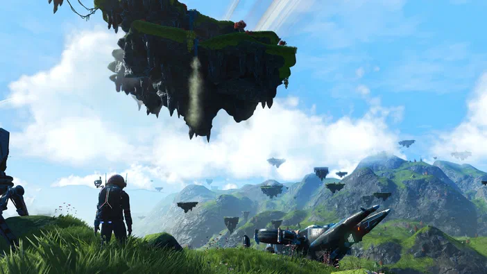 Capture d'écran du jeu vidéo No Man's Sky montrant un personnage en combinaison spatiale sur une colline verdoyante avec des îles flottantes dans le ciel.