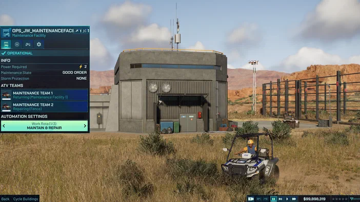 Capture d'écran du jeu Jurassic World Evolution 3 montrant une base de maintenance opérationnelle dans un paysage désertique avec des véhicules tout-terrain et des panneaux d'interface utilisateur.