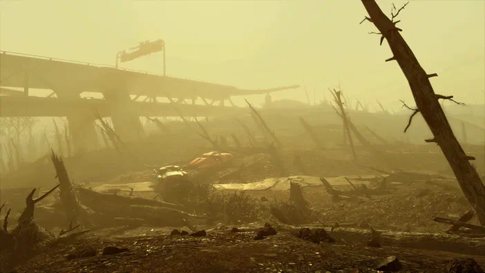 Capture d'écran de Fallout 4 montrant un paysage post-apocalyptique brumeux avec des décombres et une structure en arrière-plan.