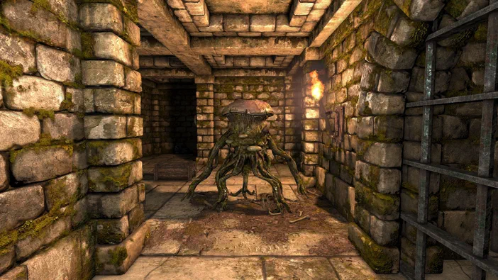 Capture d'écran du jeu vidéo Legend of Grimrock montrant une créature végétale dans un couloir de pierre.