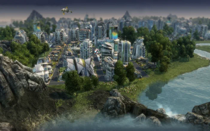 Vue aérienne d'une ville futuriste dans le jeu Anno 2070, bordée de rochers et d'un cours d'eau.