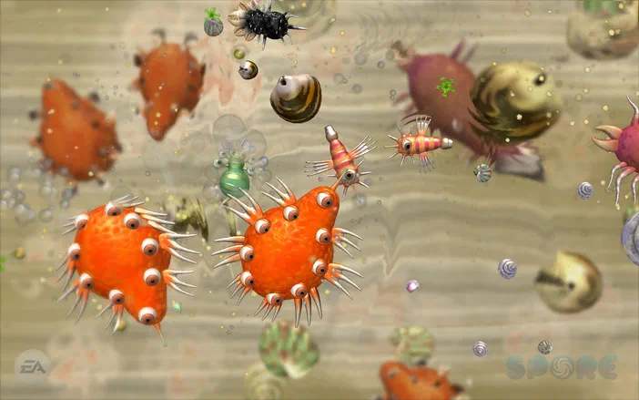 Capture d'écran du jeu vidéo Spore montrant une scène sous-marine avec divers créatures colorées et étranges flottant dans l'eau.