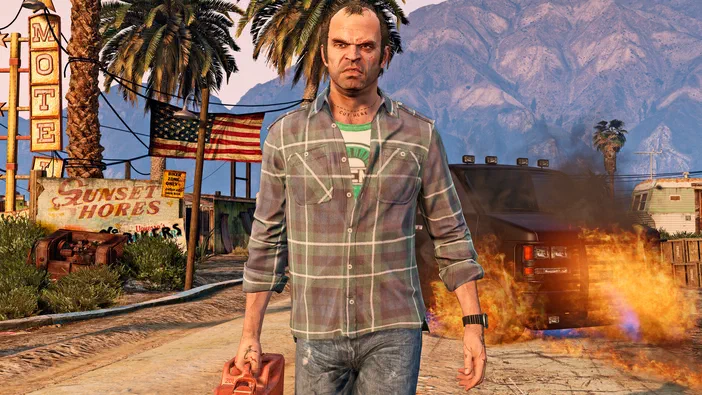 Capture d'écran du jeu vidéo Grand Theft Auto V Enhanced montrant un personnage masculin tenant une jerrican rouge devant des palmiers et un véhicule en feu.