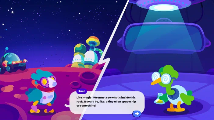 Capture d'écran du jeu Star Birds montrant deux personnages oiseau sur une planète violette avec un texte de dialogue.