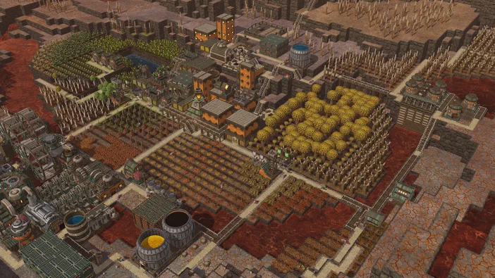 Vue aérienne d'une ville dans le jeu vidéo Timberborn avec des bâtiments en bois et des champs agricoles bordés de rivières rouges.