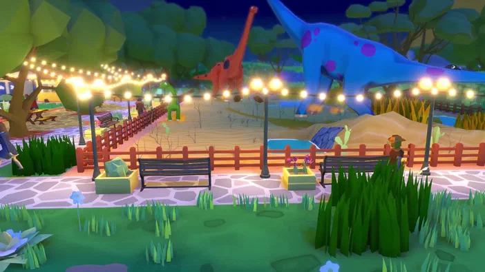 Capture d'écran du jeu vidéo Parkasaurus montrant un parc avec des dinosaures colorés et une ambiance nocturne éclairée par des guirlandes.