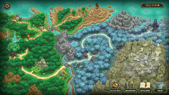 Capture d'écran de Kingdom Rush Origins montrant une carte stratégique avec des forêts, montagnes et chemins.