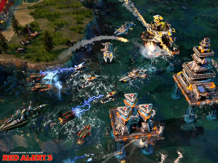 Capture d'écran du jeu vidéo Command & Conquer Red Alert 3 montrant une bataille navale avec des vaisseaux et des installations côtières en feu.