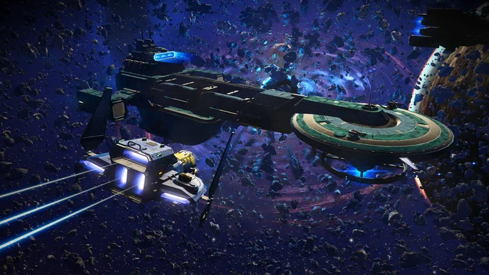 Capture d'écran du jeu vidéo No Man's Sky montrant une grande station spatiale et un vaisseau dans un champ d'astéroïdes sous un ciel violet.
