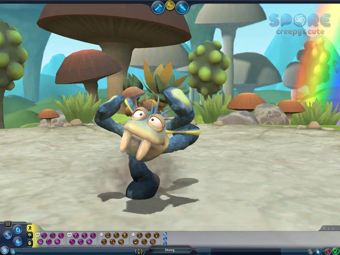 Dans le jeu vidéo Spore : Creepy & Cute Parts Pack, un personnage bleu et jaune aux yeux ronds se tient au centre d'un paysage coloré parsemé de champignons géants.