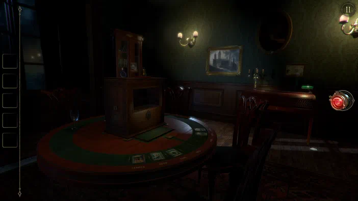 Dans le jeu The Room Two, une pièce sombre avec un grand tapis de jeu circulaire au centre et des meubles en bois.