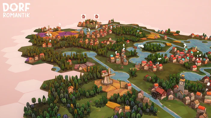 Capture d'écran du jeu vidéo Dorfromantik montrant une carte de village colorée avec des maisons, des forêts et des rivières.
