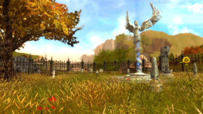 Capture d'écran de Guild Wars Reforged montrant une statue ailée dans un champ avec des tombes et un arbre aux feuilles colorées.
