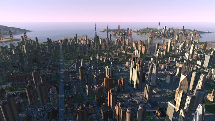 Vue aérienne d'une ville dense et moderne dans le jeu Cities XL Platinum