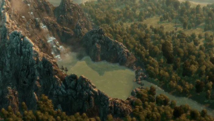 Vue aérienne d'un lac entouré de montagnes rocheuses et d'une forêt dense dans le jeu vidéo Anno 2070.