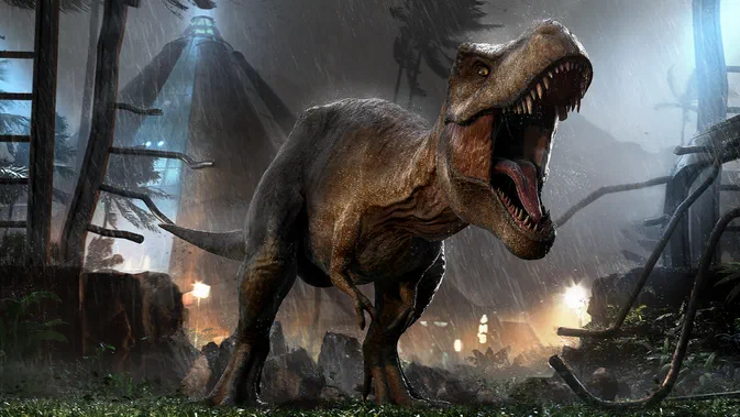 Un T-Rex rugissant dans une jungle pluvieuse, image de fond du jeu Jurassic World Evolution.