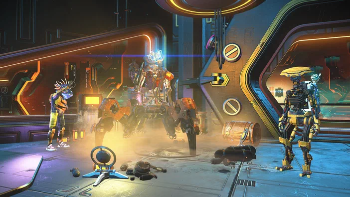 Capture d'écran du jeu vidéo No Man's Sky montrant trois robots dans un environnement futuriste aux couleurs vives.