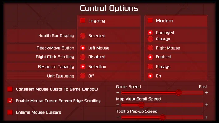Menu des options de contrôle du jeu Command & Conquer Remastered Collection avec les réglages Legacy et Modern.