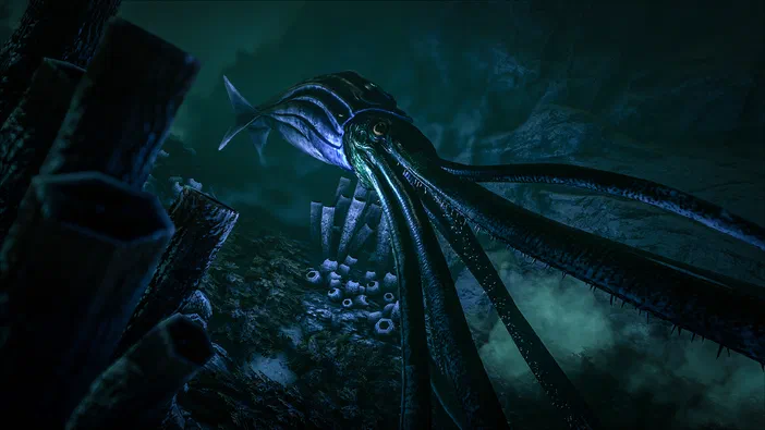 Capture d'écran du jeu vidéo ARK: Survival Evolved montrant un dinosaure ailé dans une grotte sombre.