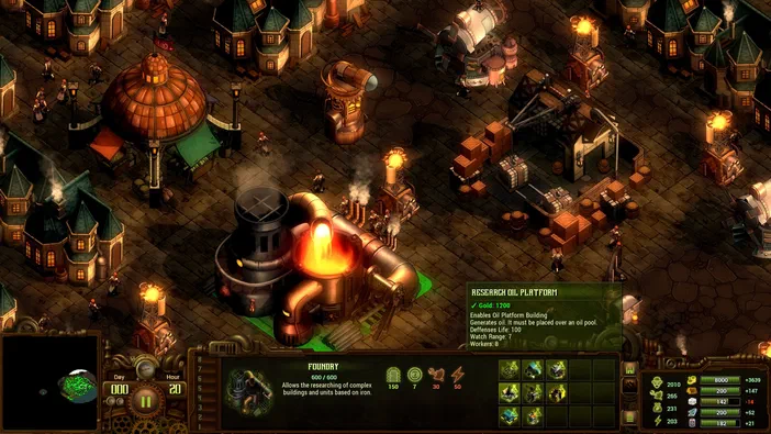 Capture d'écran du jeu de stratégie They Are Billions montrant une base industrielle avec des bâtiments et des unités sur un terrain en vue isométrique.