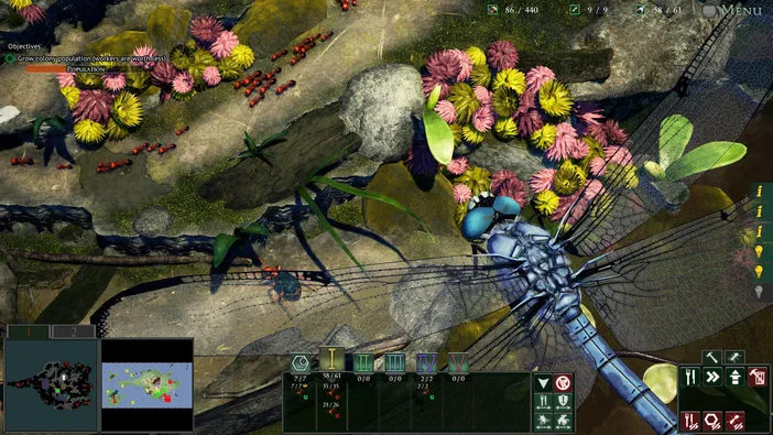 Capture d'écran du jeu vidéo Empires of the Undergrowth montrant une vue isométrique de la faune et flore sous-marine avec des insectes, fleurs colorées et un grand dragonfly bleu.