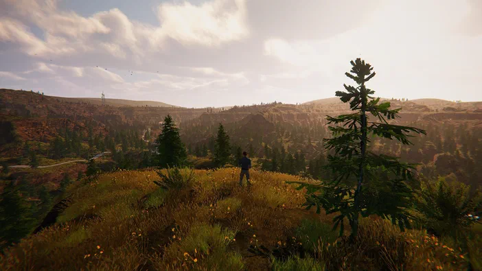 Capture d'écran du jeu Dinosaur Fossil Hunter montrant un personnage debout sur une colline herbeuse avec des arbres et des montagnes en arrière-plan sous un ciel nuageux.