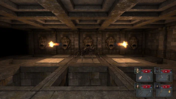 Capture d'écran du jeu Legend of Grimrock montrant une araignée géante au centre d'une salle de pierre avec des têtes de lion crachant du feu.