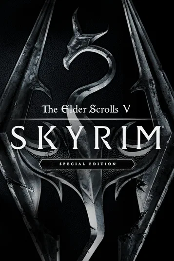 Affiche du jeu vidéo The Elder Scrolls V : Skyrim Special Edition avec un logo stylisé et des épées en arrière-plan.