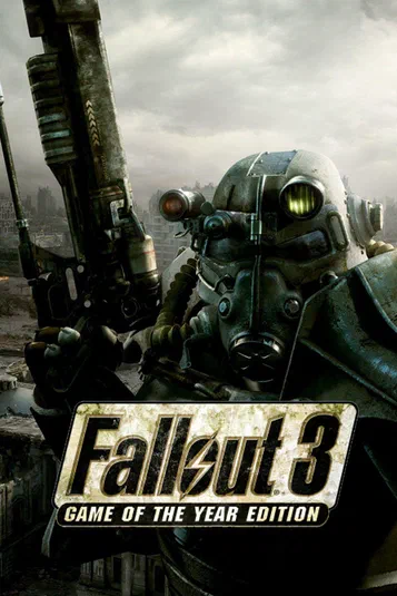 Affiche du jeu vidéo Fallout 3 : Game of the Year Edition avec un personnage en armure T-45 et une arme à la main
