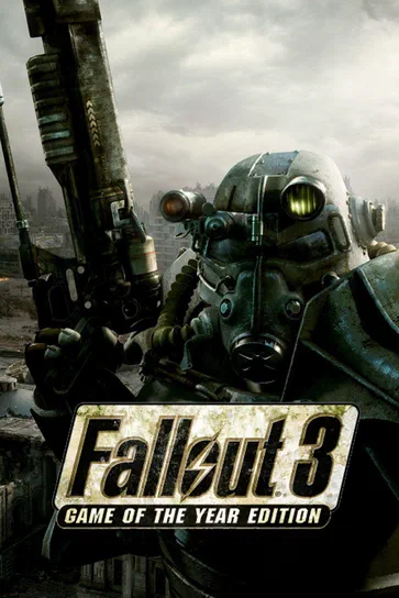 Affiche du jeu vidéo Fallout 3 : Game of the Year Edition avec un personnage en armure T-45 et une arme à la main