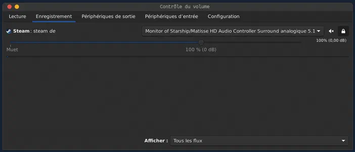 L'interface de contrôle du volume d'un système Mac affichant le flux 'Steam : steam de', avec un périphérique audio sélectionné et son niveau à 100%.