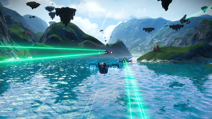 Capture d'écran du jeu vidéo No Man's Sky montrant un vaisseau spatial naviguant sur une planète aquatique avec des lasers verts et des îles flottantes.