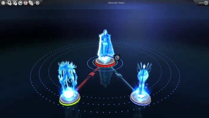 Dans le jeu ENDLESS Space™ - Definitive Edition, trois personnages holographiques bleus sont disposés en triangle sur une interface de statut diplomatique.