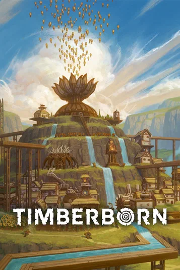Affiche du jeu vidéo Timberborn montrant une cité en bois sur un rocher avec des cascades et des ballons dorés dans le ciel.
