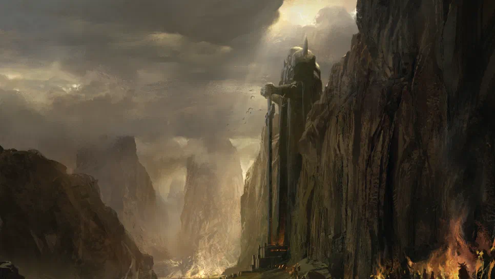 Guild Wars® Reforged Fond d'écran du jeu Guild Wars® Reforged montrant une statue géante au bord d'un canyon sous un ciel orageux.